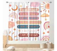 Rainbow Curtains for Classroom, Pink Boho Cute Inspirational Motivational Quotes Rainbow Colorful Pastel Window Drapery for Baby Kids Girls Bedroom Living Room Nursery Bathroom 2 Panels, 63"x63" Inch