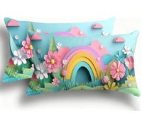 Rainbow Cushion Covers Set of 2 Corduroy Decorative Square Fiore Pillowcase with Invisible Zip Pillow Covers 25x50cm Linen Square Throw Pillow Case Decorative Cushion for Home Decor Sofa F0A-908