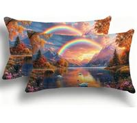 Rainbow Cushion Covers Set of 2 Corduroy Decorative Square Lago Pillowcase with Invisible Zip Pillow Covers 25x50cm Linen Square Throw Pillow Case Decorative Cushion for Home Decor Sofa F0A-904
