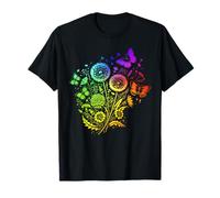Rainbow Cute Dandelion Spring Wildflower Butterfly Line Art T-Shirt