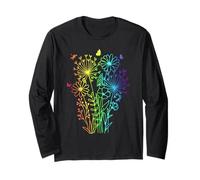 Rainbow Cute Dandelion Spring Wildflower Minimalist Line Art Long Sleeve T-Shirt