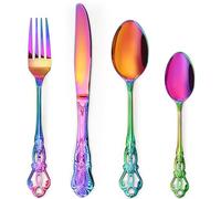 Rainbow Cutlery Set, 16 Piece Cutlery Set for 4 Retro Royal Knife and Fork Sets Vintage Stainless Steel Spoon Cutlery for Home Banquet Catering, Mirror Polished and Dishwasher Safe