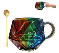 Rainbow D20 Dice Mug, Polyhedral Dice Coffee Cup with Handle, Funny Polyhedral Dice Glass Mug with Spoon, Glass Coffee Mugs for Fantasy Lovers (1 PC)