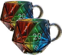 Rainbow D20 Dice Mug, Polyhedral Dice Coffee Cup with Handle, Ribbed Glass Coffee Mugs with Spoon, 20-Sided Polyhedral Dice Glass Mug, for Fantasy Lovers (2, Blue)