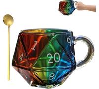 Rainbow D20 Dice Mug, Polyhedral Dice Coffee Cup with Handle, Ribbed Glass Coffee Mugs with Spoon, 20-Sided Polyhedral Dice Glass Mug, Game Night Mugs Gift for Fantasy Lovers