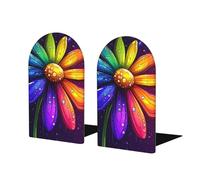 Rainbow Daisy Book Ends 1 Pair Galaxy Flower Wooden Bookends for Shelves Heavy Duty Bookshelf Holder with Anti Slip Base, Book Stopper for Home Office Library