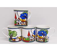Rainbow Decors Art Deco Village Mugs Set of 4 Fine Bone China 9.5 oz 280 ml Balmoral Colourful Wrap Country Scene Tea Coffee Cups Hand Decorated UK, Multicolour