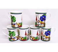 Rainbow Decors Art Deco Village Mugs Set of 6 Fine Bone China 10.5 oz 300 ml Castle Colourful Wrap Country Scene Tea Coffee Cups Hand Decorated UK, Multicolour