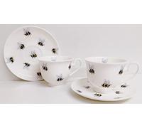 Rainbow Decors Bees 2 Tea Cups 2 Saucers Fine Bone China Bumblebee Hand Decorated UK, White, One Size