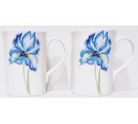 Rainbow Decors Blue Iris Mug Set of 2 Bone China 300 ml Lovely Floral Watercolour Windsor Cups Hand Decorated in UK