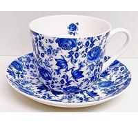 Rainbow Decors Delft Blue Cup & Saucer Fine Bone China Jumbo Breakfast 15fl oz 425 ml Flowers Floral Hand Decorated in UK