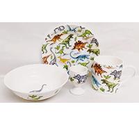 Rainbow Decors Dinosaurs Breakfast Set 4 Pieces Plate 8"" 20 cm Mug Cereal Bowl & Egg Cup Fine Bone China Kids Children Set Dinos Collage Hand Decorated UK
