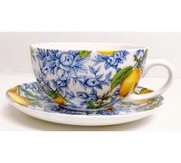 Rainbow Decors Italian Lemons Cup & Saucer Fine Bone China 300ml Cappuccino Floral and Fruit Cup & Saucer Set Hand Decorated in The U.K.