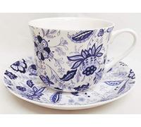 Rainbow Decors Ltd Blue Persia Breakfast 15 oz Cup & Saucer Fine Bone China Classic Oriental Blue & White Flowers Floral Large Cup Saucer Hand Decorated in UK