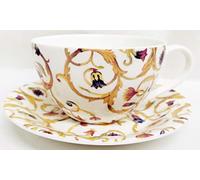Rainbow Decors Ltd Floral Yellow Scroll Large Cup & Saucer Fine Bone China Damask & Mica Gold Cappuccino Latte Tea Chocolate Set Hand Decorated in UK