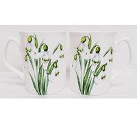 Rainbow Decors Ltd Snowdrop Mugs Set of 2 Bone China White Floral 275 ml 9.5 oz Topaz Cups Hand Decorated in UK
