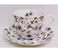 Rainbow Decors Paradise Cup & Saucer Fine Bone China Large Jumbo 425ml 15oz Daisy Seamless Floral & Mica Silver Set Hand Decorated UK