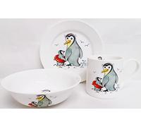 Rainbow Decors Penguins Go Swimming Breakfast Set 3 Pieces Plate 8"" 20cm Mug & Cereal Bowl Fine Bone China Kids Children Hand Decorated UK