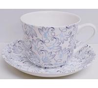 Rainbow Decors Royale Cup & Saucer Bone China Jumbo 425 ml (15fl oz) Blue & Grey Swirl Floral Leaves Breakfast Set Hand Decorated UK