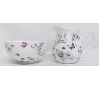Rainbow Decors Secret Garden Cream/Milk Jug and Sugar Bowl Fine Bone China Flowers Butterflies & Bees Matching Set Hand Decorated in UK, Grey