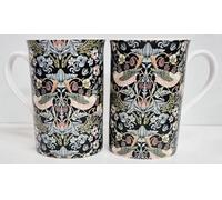Rainbow Decors William Morris Strawberry Thief Black & Green Mugs Set of 2 Bone China 300 ml Windsor Fantasy Garden Cups Hand Decorated UK