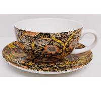 Rainbow Decors William Morris Strawberry Thief Black Yellow Cup & Saucer Bone China 300 ml Cappuccino Arts Crafts Art Nouveau Set Hand Decorated UK