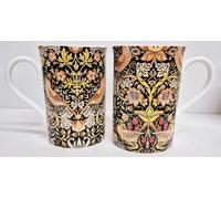 Rainbow Decors William Morris Strawberry Thief Black & Yellow Mugs Set of 2 Bone China 300 ml Windsor Fantasy Garden Cups Hand Decorated UK