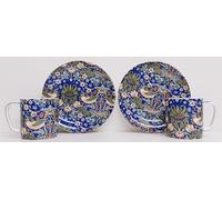 Rainbow Decors William Morris Strawberry Thief Blue Espresso 2 Cups 100ml 3.5fl oz and Saucers Fine Bone China Set Arts Crafts Nouveau Hand Decorated UK