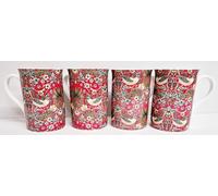Rainbow Decors William Morris Strawberry Thief Red Mugs Set of 4 Bone China 300 ml Windsor Arts Crafts Fantasy Cups Hand Decorated UK