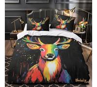 Rainbow deer 3D Pattern Duvet Insert Cover 3pc Premium Microfibre Concealed vibrant animal painting Duvet Cover 2 Pillowcases Lightweight Stain-Resistant Teens Young Adults Double（200x200cm）