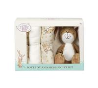 Rainbow Designs Guess How Much I Love You Baby Essential Gift Set - Little Nutbrown Hare Soft Toy & 3 Cotton Muslin Cloths in Illustrated Box - Newborn Baby Shower Present