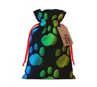 Rainbow Dog Cat Paw Printed Christmas Drawstring Bags Reusable Xmas Bag for Party Xmas Gift Wrapping, Red Ribbon, M