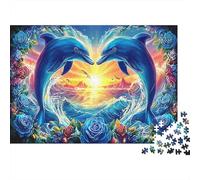 Rainbow Dolphins 1000 Piece Cardboard Jigsaw Puzzle Fun Challenging for Adults Kids 12+ Kids Beginners Teen Dolphins at Sunset Puzzle Fans Brain Teaser Game 38x26cm/1000pcs