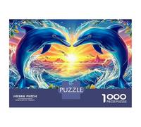 Rainbow Dolphins 1000 Piece Sturdy Cardboard Jigsaw Puzzles Dolphins Forming A Heart over Sunset Ocean for Seniors Memory Improvement Hand Eye Coordination 38x26cm/1000pcs