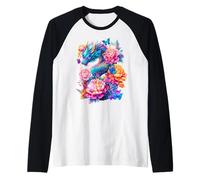 Rainbow Dragon Beautiful Flowers Art Colorful Butterflies Raglan Baseball Tee