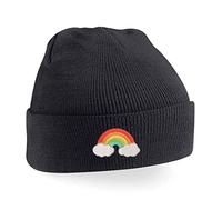 Rainbow Embroidery Beanie Hat for Adults | Unisex Winter Knit Cap with Cloud Design