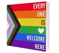 Rainbow Everyone is Welcome Here Wooden Box Sign Desk Decor LGBTQ Gay Pride Flag Wood Block Plaque Box Signs Gift for Home School Shelf Table Decoration (5 X 5 Inch)