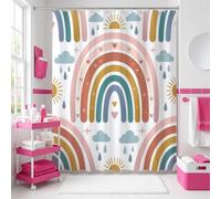 Rainbow Extra Long Shower Curtain, Playful Modern Cloud Sun Spring Peach Polyester Waterproof Design Print Bath Curtains College Dorm Bath Decor 72x96 Inch