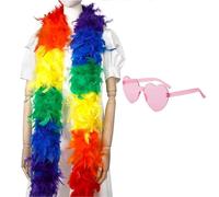 Rainbow Feather Boa And Heart Glasses,6.56Ft Colorful Feather Boa And Light Pink Heart Glasses Natural Turkey Feather Boa And baby pink Heart Glasses For LGBTQ Pride Parade Bachelor Birthday Carnival