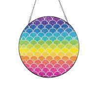 Rainbow Fish Scale Print Glass Sun Catcher For Windows Hanging Garden Ornament Womens Gift
