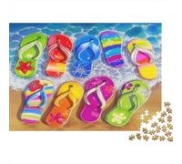 Rainbow Flip Flops Jigsaw Puzzles 1000 Piece Recycled Paper Adults Beach Summer Art Puzzle Impossible Challenge Stimulate Brain Thinking Gifts for Women And Men 38x26cm/1000pcs