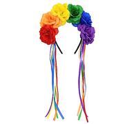 Rainbow Flower Headband for Women - Elastic Rose Floral Crown Headwear with Ribbon, LGBTQ Pride Accessories for Rainbow Party Parade