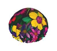 Rainbow flower pattern shower cap with double layer, hold your hair well whether it is showering or bathing.