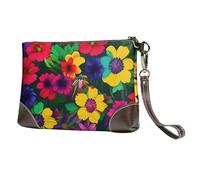Rainbow Flowers pattern Print Genuine Leather Wristlet Clutch Wallet Purse Handbag Cell Phone Pocket for Women