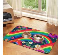 Rainbow Flowers print Pet Food Mat Absorbent Non-Slip PU Leather Feeding Mat for Dogs Cats Pet Bowl Placemat