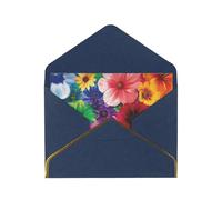 Rainbow Flowers Printed Pearl Paper Greeting Card, Blue - Folded Blank Cards with Gold Trim for Weddings, Birthdays, Christmas