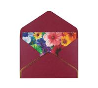 Rainbow Flowers Printed Pearl Paper Greeting Card, Dark Red - Folded Blank Cards with Gold Trim for Weddings, Birthdays, Christmas