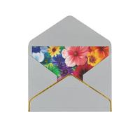 Rainbow Flowers Printed Pearl Paper Greeting Card, Light Grey - Folded Blank Cards with Gold Trim for Weddings, Birthdays, Christmas