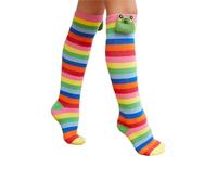 Rainbow Frog Knee-High Socks, Cotton Striped Pattern, Colorful Comfortable Kids Long Socks with Decorative Animal Design, Oeko-Tex Certified, UK Size Age 9-12