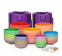 Rainbow Frosted Quartz Crystal Singing Bowl, 6-12 Inch Set, For Yoga, Sound Healing, Crystal Cleansing, Meditation, With Suede Striker, Rubber Mallet (Color : 432Hz)